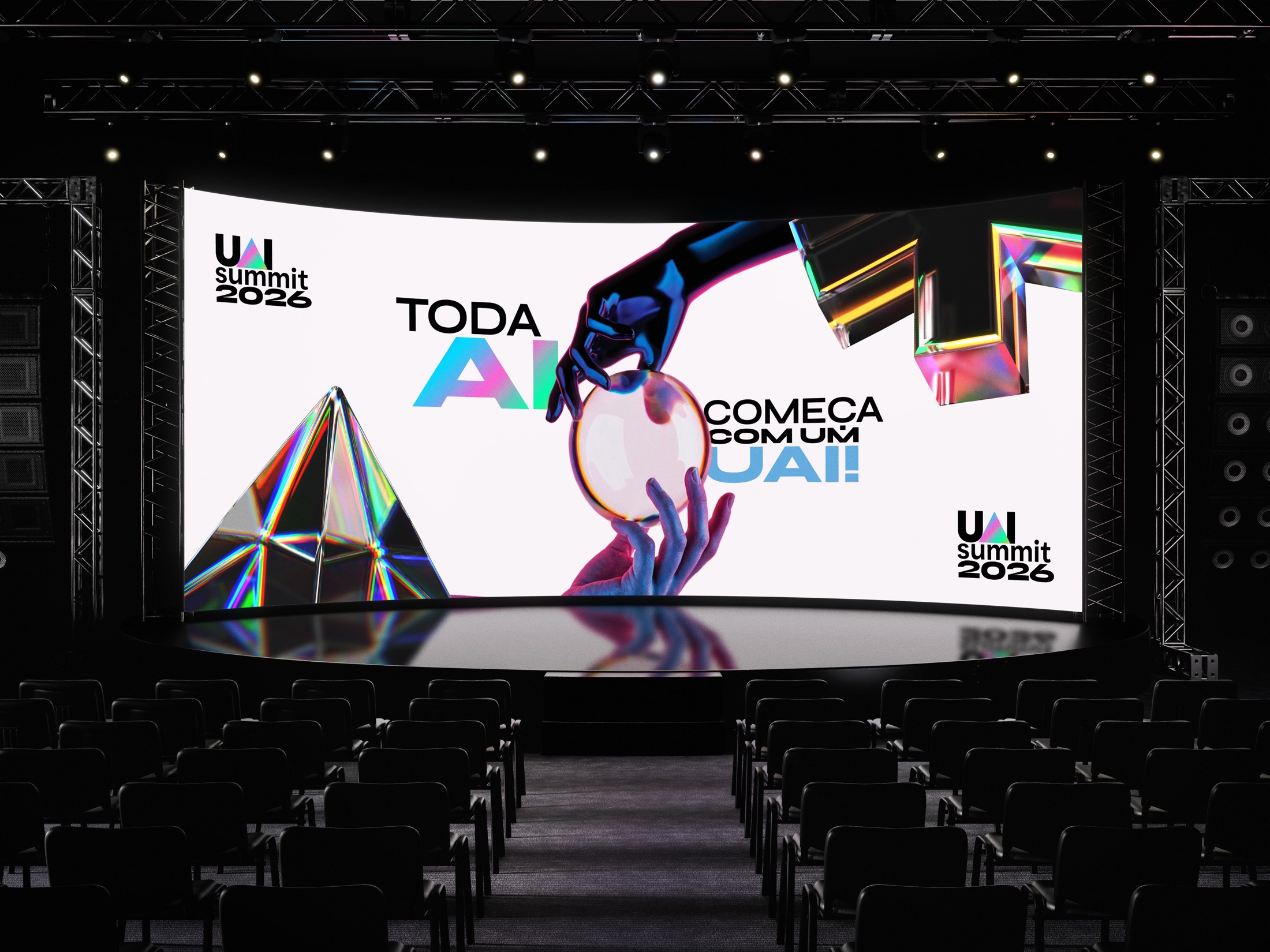 UAI Summit 2026 — palco LED com a identidade holográfica